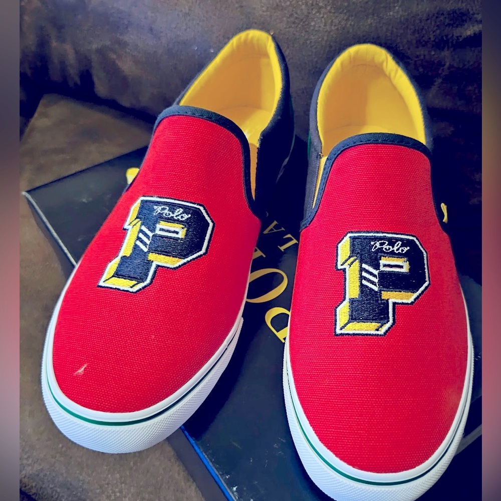 POLO RALPH LAUREN MENS SLIP ON SNEAKERS RED/ NAVY/GREEN